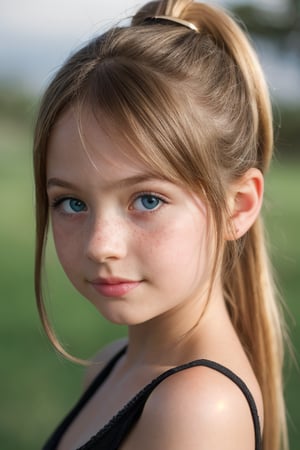 masterpiece portrait, Hyperrealistic, stunning beauty, high detail, cinematic photo Medium format photography, Anime tween girl digital artwork, A tween girl in her 12s, looking at the camera, she has freckles, blue eyes, she has Lush blonde hair,, wearing a mini dress, ponytail,  highly detailed, best quality, 8k uhd, Nikon 70d, ISO200, F/2.8, 1/25sec, 70mm . 35mm photograph, film, bokeh, professional, 4k, highly detailed