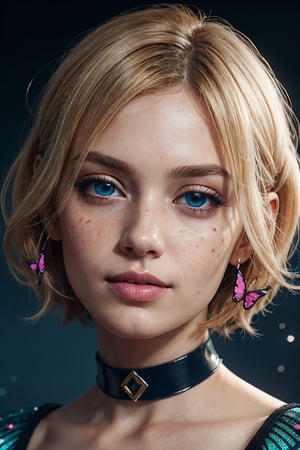 science fiction, cyberpunk, girlpunk, scenery, a 20 year old girl, blonde, with pink stripes in her hair, short hair, boycut hair, (hairclip in a shape of a butterly (sparkling and glittering butterfly)),(dark blue eyes, light makeup), glossy pink lips, juicy lips, natural eyebrows, ulrta detailed eyes, beautyful face, freckles on her nose, golden shiny collar, detailed collar, curly_hair, sparkling skin, beautyful teeth, ultra detailed pink-blue princess dress, dark theme, soothing tones, muted colors, high contrast, (natural skin texture, hyperrealism, soft light, sharp), detailed face, (masterpiece,  best quality,  photorealistic,  high resolution,  8K raw photo) , highres,z1l4, super resolution, hyper detailed