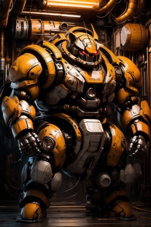 humanoid being with a tiger head and robotic armor, wide and muscular body, mechanical body parts, sharp teeth, aggressive look, feline, orange color,Male focus