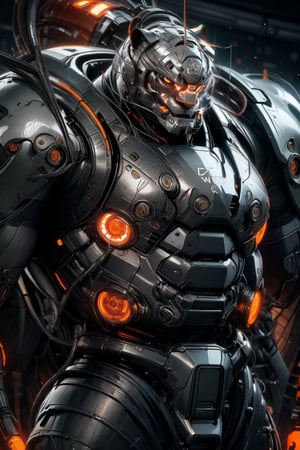 humanoid being with a tiger head and robotic armor, wide and muscular body, mechanical body parts, sharp teeth, aggressive look, feline, orange color,Male focus