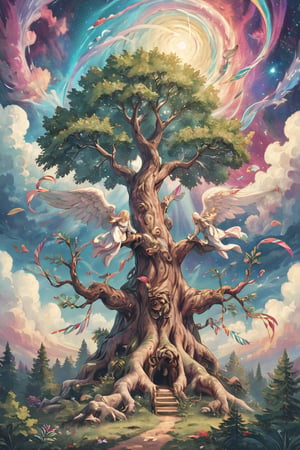 A majestic leafy tree, adorned with vibrant and colorful streamers, stands tall against the serene backdrop of epic galactic skies, where swirling starclouds in hyper-realistic 16K HDR subtly fade into the horizon. Soft, gradient colors gently blend across the frame, showcasing a professional color palette with no harsh contrast. A wide-angel lens captures the intricate details of the tree's leafy branch