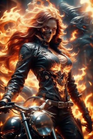 ((Generate hyper realistic image of  captivating scene featuring a stunning 22 years old girl, on a motorcycle)) with long fiery hair,  flowing in wind, donning a black leather shorts and a Black jacket over is naked body,fire eyes, photography style , Extremely Realistic,  ,photo r3al,photo of perfecteyes eyes,realistic,leather,ghostrider, hair of fire, eyes of fire,RED FIRE GREEN FIRE BLUE FIRE PURPLE FIR,Ghost mask , Firehair,Fire, fire skull on torso