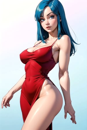 beautiful girl with blue hair, blue eyes, wide hips, narrow waist, has a short tight red dress, hair and long