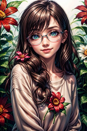 looking at viewer, long hair, umber eyes, simple background, shirt, 1littlegirl, hair between eyes, closed mouth, pink sweater, black hair, female focus, brown eyes, smile, 7year old,glasses,,, green eyes,, nature, small nose, big eyes, sweet smile, flowers in hair, as real as possible, flower in the ear 