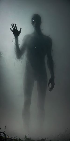 It generates a hyper-realistic image of a humanoid being with a thin body and long limbs that emerges from the shadows of a cloud forest. In his round head no face can be seen, only two round eyes that radiate a disturbing red and bright glow, his position is a little inclined but defiant, his head is drooping to the left side, his hands have very long fingers. . This is a creature of nightmares, a mysterious shadow lurking in the unknown, long fingers, mysterious silhouette, head tilted to the left.
Negative notice