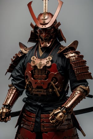 mechanical samuray, japanese samurai warrior with mechanical components in his armor, two swords, samurai mask,armor,oni_mask