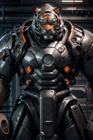 humanoid being with a tiger head and robotic armor, wide and muscular body, mechanical body parts, sharp teeth, aggressive look, feline, orange color,Male focus