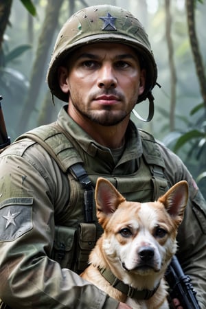 soldier with a dog face, soldier with rifle, camouflage clothing, background of the image a jungle,Extremely Realistic