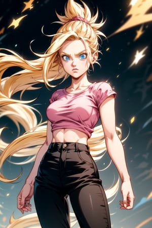 beautiful girl with yellow hair, blue eyes, wide hips, narrow waist, short black pants, short pink shirt, super saiyajin