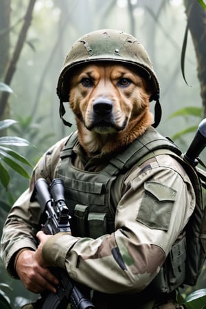 soldier with a dog face, soldier with rifle, camouflage clothing, background of the image a jungle, medium shot, medium view