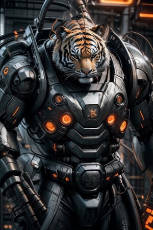 humanoid being with a tiger head and robotic armor, wide and muscular body, mechanical body parts, sharp teeth, aggressive look, feline, orange color,Male focus