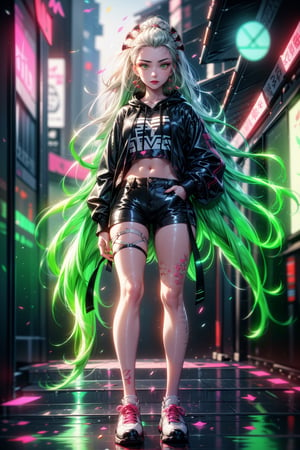the girl is in a nightclub, she has a big hoodie, she has black shorts, tennis shoes, light yellow eyes, long hair, white hair and green at the tips, two-color hair, she has a braid on the right side of her hair, large_clothing, oversized_clothing, game controller print, sneakers, neon,Neon Light,neonlight\(ttp\),neon background,1 girl