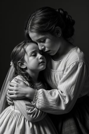 A tender moment captured in crisp black and white. Mother's gentle arms cradle a distressed young girl, her features rendered with Cepia-like precision. Tears stream down the little girl's face as she cries, her tiny hands grasping her mother's fingers for comfort. The composition is simple, framing the emotional scene with a shallow depth of field, emphasizing the intimacy between mother and daughter. period clothing