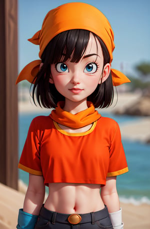 realistic: 1.2, high resolution: 1.5, award-winning upper body portrait, red cirta shirt, short, 1 girl, alone, looking at viewer, orange scarf head, short hair, blue eyes, Pan_DB_gt, shorts, wide hips, tight waist, film grain, Beach, Sexy and elegant poses, short gloves, young, blackhair
