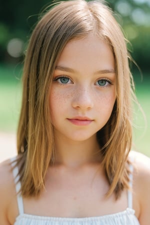 masterpiece portrait, Hyperrealistic, stunning beauty, high detail, cinematic photo Medium format photography, Anime tween girl digital artwork, A tween girl in her 12s, looking at the camera, she has freckles, blue eyes, she has Lush blonde hair,, wearing a mini dress, highly detailed, best quality, 8k uhd, Nikon 70d, ISO200, F/2.8, 1/25sec, 70mm . 35mm photograph, film, bokeh, professional, 4k, highly detailed