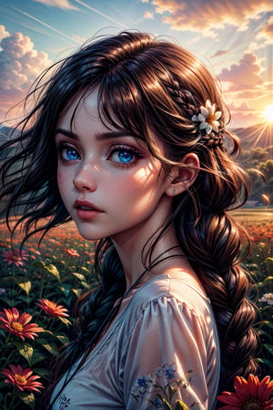 masterpiece, 8k, uhd, face focus, beautiful little girl turning to the horizon, diagonal focus, background landscape, the sun is projected on her face, realistic eyes, blue eyes, high quality photography, long light hair, luminosity, profile angle,photo of perfecteyes eyes, flowers in hair, clarity, luminosity, littel girl in profile, sun in the background illuminates her surroundings, field of flowers, the wind blows her hair, sunset,Nature,Landscape,PhotoReal,Photography,Raw photo,Enhance, side, braided_hair