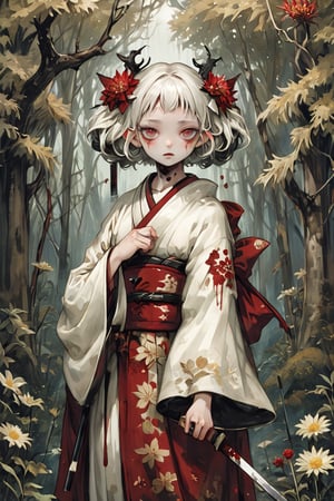 score_9, score_8_up, score_7_up, score_6_up, (ethereal dark fairy tale by Nicola Samori, JC Leyendecker), sad young anime girl, 12yo, white face, standing  in a dark forest, ((holding a bloody katana)), dark red kimono, chrysanthemum floral décoration, dark forest, (dark + gothic, + foreboding background:1.4),