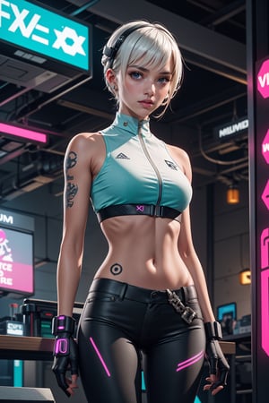 girl with futuristic clothes, black pants, white blouse, cyberpunk accessories, mechanical body parts, multicolored hair, neon, view aside, side_view, alternative_hair_style