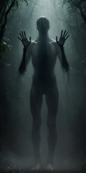 It generates a hyperrealistic image of a humanoid being with a thin body with many arms and very long limbs that emerges from the shadows of a cloud forest. In his round head no face can be seen, only two round eyes that radiate a disturbing red and bright glow, his position is a little inclined but defiant, his head is drooping to the left side, his hands have very long fingers. . This is a creature of nightmares, a mysterious shadow lurking in the unknown, long fingers, mysterious silhouette, head tilted to the left, multiple arms and hands
Negative notice