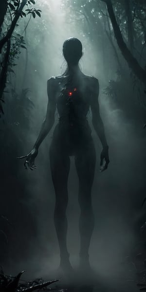 Generate hyperrealistic image of a humanoid being with a thin body and long limbs that emerges from the shadows of a cloud forest. In its round head, no face can be seen, only two lights are seen radiating a disturbing red and bright glow, its position is a bit bent but defiant. This is a creature of nightmares, a mysterious shadow being lurking in the unknown, long fingers, mysterious silhouette, head tilted to the left, round eyes emit bright red light
Negative notice
,anthro,LegendDarkFantasy,smoke on the water,zkeleton, ,monster