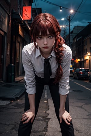 masterpiece, artistic design, image of a girl in a white shirt and black tie, elegant black pants and black shoes, soft lighting, cinematic lighting, volumetric lighting, city at night, dynamic pose, tense skin, sweating, detailed, young face, bending over and looking forward, best quality, 1 girl, bangs, red eyes, full body, long hair, looking at viewer, nsfw:1.3, sexy pose, perfect anatomy, long hair, light red hair, braid, body leaning forward, wide hips, narrow waist, power_csm,power (csm),1 girl,Masterpiece,best , electric locks in the hands, night, deep red hair
quality,REALISTIC,makima (chainsaw man),makima(chainsaw man),power_csm