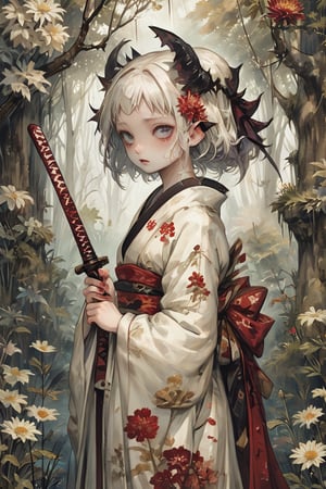 score_9, score_8_up, score_7_up, score_6_up, (ethereal dark fairy tale by Nicola Samori, JC Leyendecker), sad young anime girl, 12yo, white face, standing  in a dark forest, ((holding a bloody katana)), dark red kimono, chrysanthemum floral décoration, dark forest, (dark + gothic, + foreboding background:1.4),