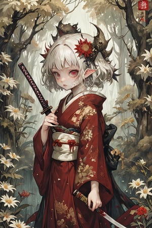 score_9, score_8_up, score_7_up, score_6_up, (ethereal dark fairy tale by Nicola Samori, JC Leyendecker), sad young anime girl, 12yo, white face, standing  in a dark forest, ((holding a bloody katana)), dark red kimono, chrysanthemum floral décoration, dark forest, (dark + gothic, + foreboding background:1.4),, mask