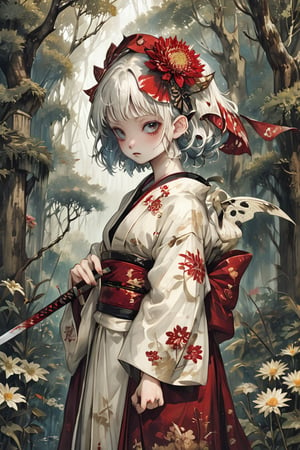score_9, score_8_up, score_7_up, score_6_up, (ethereal dark fairy tale by Nicola Samori, JC Leyendecker), sad young anime girl, 12yo, white face, standing  in a dark forest, ((holding a bloody katana)), dark red kimono, chrysanthemum floral décoration, dark forest, (dark + gothic, + foreboding background:1.4),