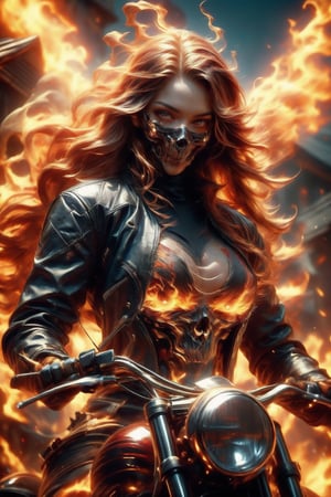((Generate hyper realistic image of  captivating scene featuring a stunning 22 years old girl, on a motorcycle)) with long fiery hair,  flowing in wind, donning a black leather shorts and a Black jacket over is naked body,fire eyes, photography style , Extremely Realistic,  ,photo r3al,photo of perfecteyes eyes,realistic,leather,ghostrider, hair of fire, eyes of fire,RED FIRE GREEN FIRE BLUE FIRE PURPLE FIR,Ghost mask , Firehair,Fire