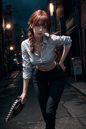 masterpiece, artistic design, image of a girl in a white shirt and black tie, elegant black pants and black shoes, soft lighting, cinematic lighting, volumetric lighting, city at night, dynamic pose, tense skin, sweating, detailed, young face, bending over and looking forward, best quality, 1 girl, bangs, red eyes, full body, long hair, looking at viewer, nsfw:1.3, sexy pose, perfect anatomy, long hair, light red hair, braid, body leaning forward, wide hips, narrow waist, power_csm,power (csm),1 girl,Masterpiece,best , electric locks in the hands, night, 
quality,REALISTIC,makima (chainsaw man),makima(chainsaw man),power_csm