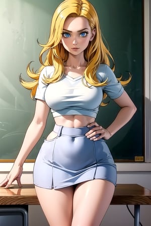 beautiful girl with yellow hair, blue eyes, wide hips, narrow waist, sexy teacher, long hair, miniskirt,