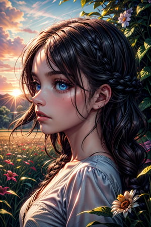 masterpiece, 8k, uhd, face focus, beautiful little girl turning to the horizon, diagonal focus, background landscape, the sun is projected on her face, realistic eyes, blue eyes, high quality photography, long light hair, luminosity, profile angle,photo of perfecteyes eyes, flowers in hair, clarity, luminosity, littel girl in profile, sun in the background illuminates her surroundings, field of flowers, the wind blows her hair, sunset,Nature,Landscape,PhotoReal,Photography,Raw photo,Enhance, side, braided_hair