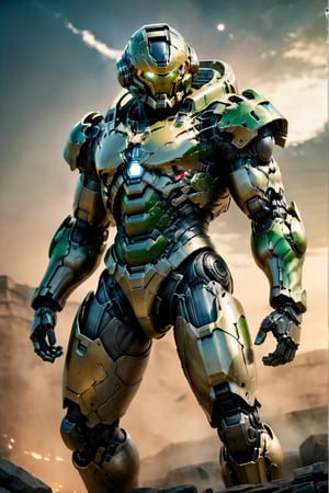 masterpiece, realistic image, hulkbuster in the appearance of spartan master chief, green armor, hyper-realistic, high quality, laboratory background, helmet,Arcadia armor,mecha,knolling,digital artwork by Beksinski,robot