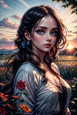 masterpiece, 8k, uhd, face focus, beautiful little girl turning to the horizon, diagonal focus, background landscape, the sun is projected on her face, realistic eyes, blue eyes, high quality photography, long light hair, luminosity, profile angle,photo of perfecteyes eyes, flowers in hair, clarity, luminosity, littel girl in profile, sun in the background illuminates her surroundings, field of flowers, the wind blows her hair, sunset,Nature,Landscape,PhotoReal,Photography,Raw photo,Enhance, side, braided_hair
