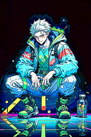Highly detailed, High Quality, Masterpiece, beautiful,(medium long short), 1boy,solo,Cyberpunk style,Crouched down,(sky blue Eyes, white hair, handsome,Black coat with hood and light blue neon lights, black boots with light blue neon lights on the soles, neon city, detailed background.