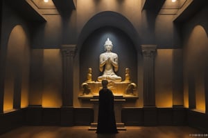 best quality, masterpiece, beautiful and aesthetic, 16K, (HDR:1.4),  cinematic lighting, ambient lighting, warm light, sidelighting, Exquisite details and textures, cinematic shot,  fantasy landscape, temple inside a large cave, a buddhist statue with three faces in the background , one face in the front, on face to the right, one face to the left, fireflies,knight