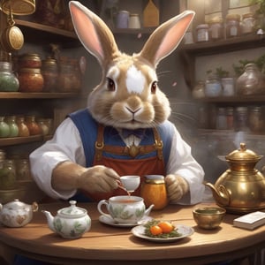 Rabbit Every Monday, in magic the gathering art style, making tea, medvial tea shop