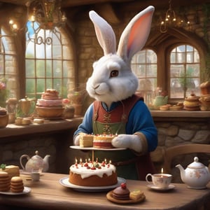 Rabbit Every Monday, in magic art style, makes birthday cake in medival tea shop, very friendly, fluffy