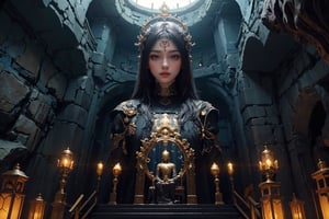 best quality, masterpiece, beautiful and aesthetic, 16K, (HDR:1.4),  cinematic lighting, ambient lighting, warm light, sidelighting, Exquisite details and textures, cinematic shot,  fantasy landscape, temple inside a large cave, a buddhist statue with three faces in the background , one face in the front, on face to the right, one face to the left, fireflies,knight