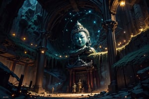 best quality, masterpiece, beautiful and aesthetic, 16K, (HDR:1.4),  cinematic lighting, ambient lighting, sidelighting, Exquisite details and textures, cinematic shot,  fantasy landscape, temple in a large cave, a buddhist statue with three faces in the background ,fireflies