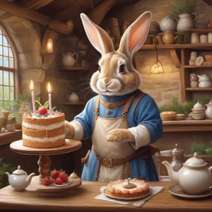 Rabbit Every Monday, in magic art style, makes birthday cake in medival tea shop, very friendly, fluffy