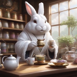 Rabbit Every Monday, in magic the gathering art style, making tea in medvial tea shop, white fur