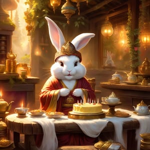 (masterpiece), Rabbit Every Monday, in magic the gathering art style, whitish fur, makes birthday cake in medival tea shop, very friendly, fluffy, medival setting, on wall Buddha image, Guru Rinpoche image