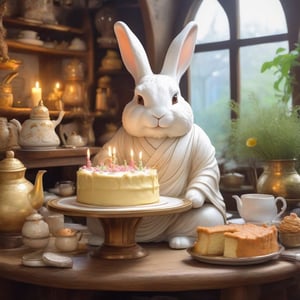 Rabbit Every Monday, in magic art style, makes birthday cake in medival tea shop, very friendly, whiteish fur, fluffy Buddha statue