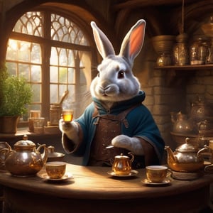 Rabbit Every Monday, in magic art style, makes tea in medival tea shop, very friendly, fluffy