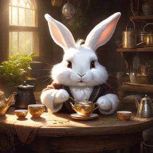 Rabbit Every Monday, in magic art style, making tea white fluffy fur, fur hands, very friendly