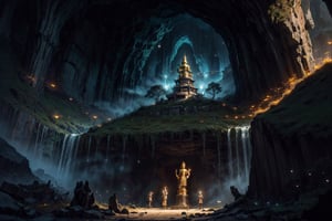 best quality, masterpiece, beautiful and aesthetic, 16K, (HDR:1.4),  cinematic lighting, ambient lighting, sidelighting, Exquisite details and textures, cinematic shot,  fantasy landscape, temple in a a large cave, a buddhist statue with three faces in the background ,fireflies,perfect