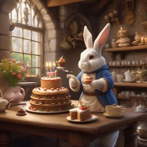 Rabbit Every Monday, in magic art style, makes birthday cake in medival tea shop, very friendly, fluffy