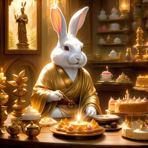 (masterpiece), Rabbit Every Monday, slim, in magic the gathering art style, whitish fur, makes birthday cake in medival tea shop, very friendly, fluffy, medival setting, on wall Buddha image, Buddha statue