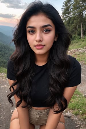 full body, Indian girl , Instagram influencer , black long hair, glossy juicy lips, cute 18 years old girl, portrait, 1girl, retroartstyle, Character, full body,at mountain 